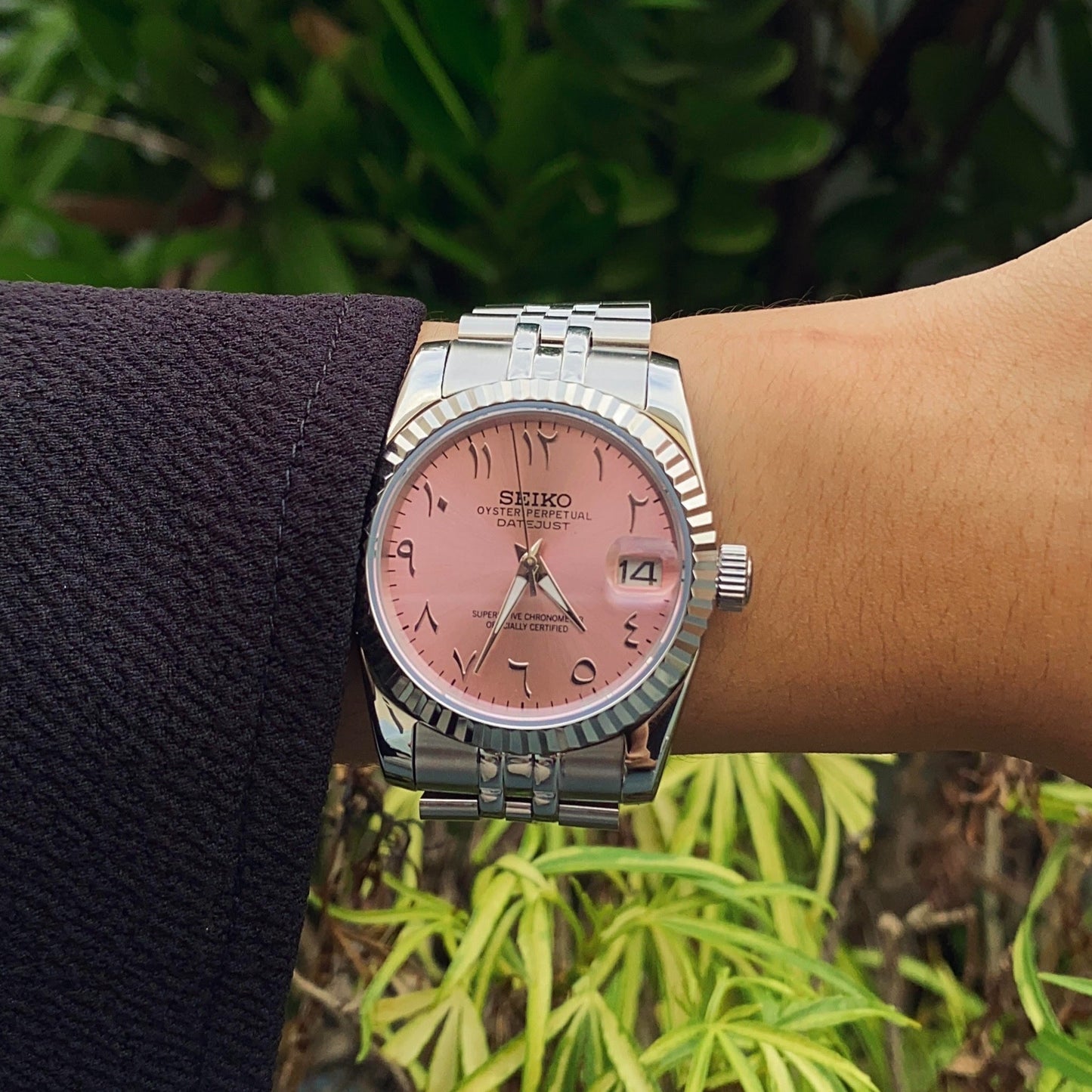 Seiko Datejust Mod Arabic Dial Salmon Pink W/ Silver